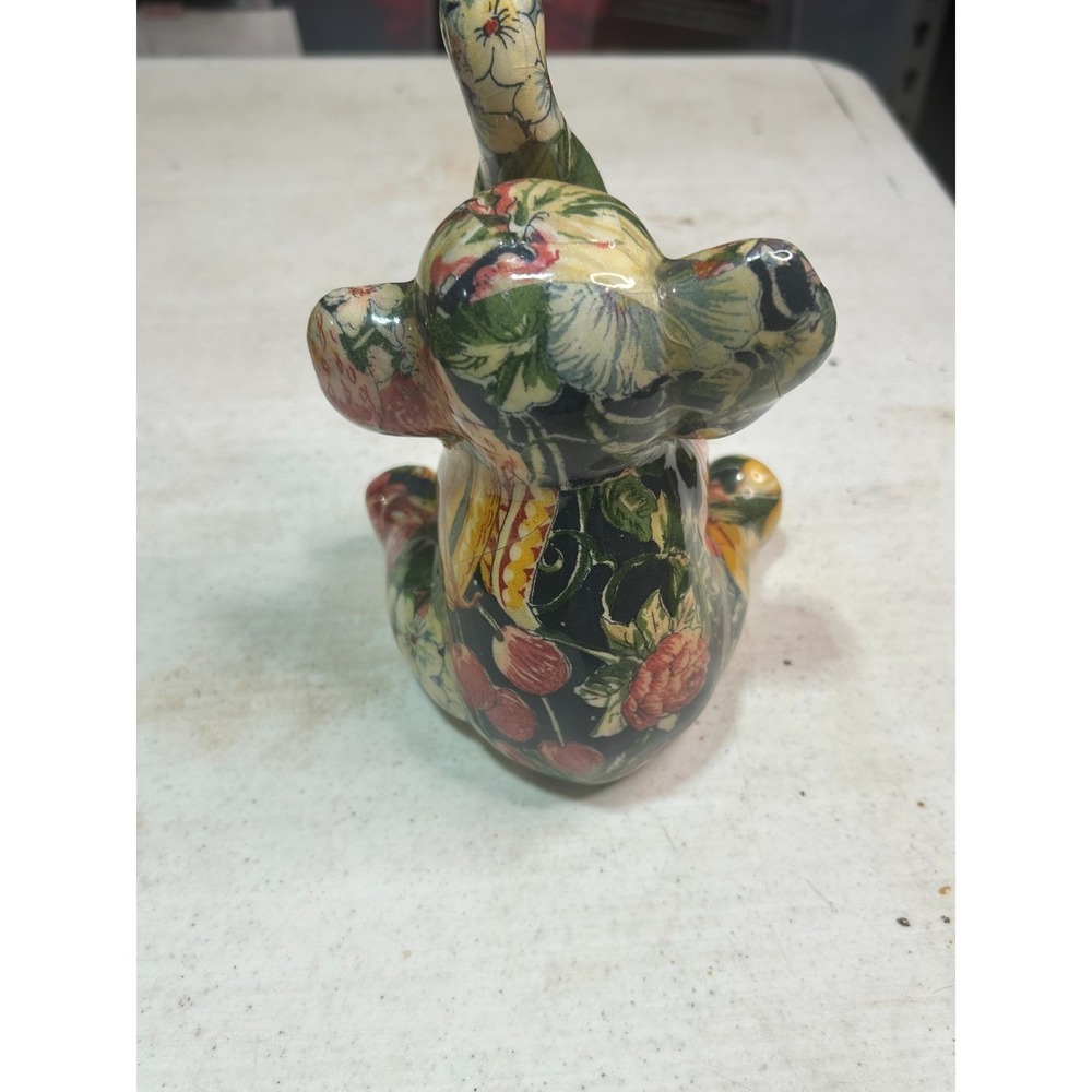 Vintage Decoupage Ceramic Good Luck Elephant Figurine Floral Trunk Up Statue - Picture 3 of 5